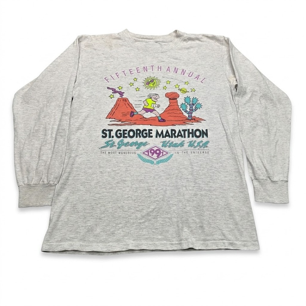 Vintage 1991 St George Marathon Long Sleeve Shirt Oneita Power-T Gray Mens L